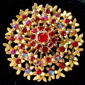 Vintage Liz Claiborne brooch or pendant Ruby red color aurora borealis stones